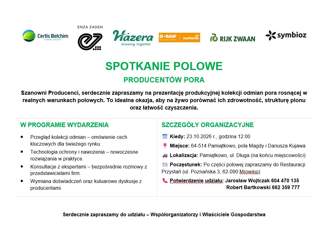 Rijk Zwaan Zaproszenie Spotkanie Polowe POR , odmiany pora, nawożenie pora